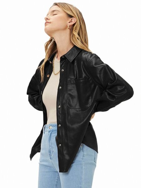 

women's blouses & shirts motf premium pu leather straight shirt h514#, White