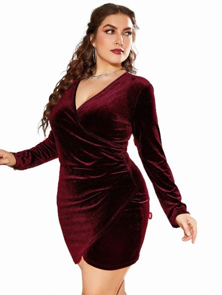 

plus size dresses plus ruched side wrap velvet bodycon dress p2m7#, Black