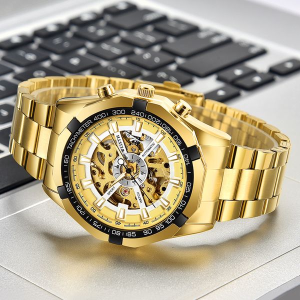 

fashion mechanical automatic men wristwatches hollow design watches stainless steel waterproof creative wristwatch gold for male quality hig, Slivery;brown