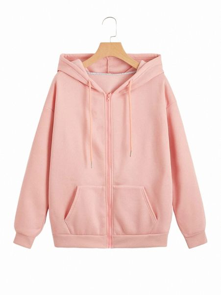 

women's hoodies & sweatshirts solid drawstring pocket front zip up thermal lined sweatshirt 26wh#, Black