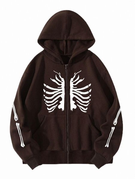 

women's hoodies & sweatshirts skeleton print zip up thermal hoodie w4bq#, Black