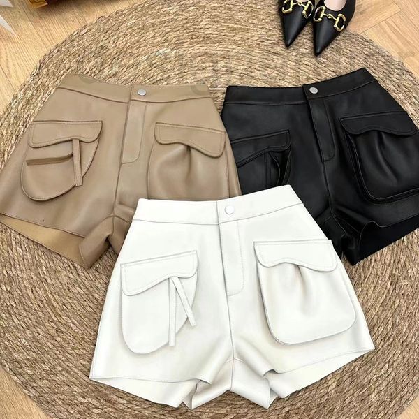 

women's jumpsuits & rompers designer upgrade jin mouth sheep skin leather shorts high waist pockets a-shaped wide leg pants loose motor, Black;white
