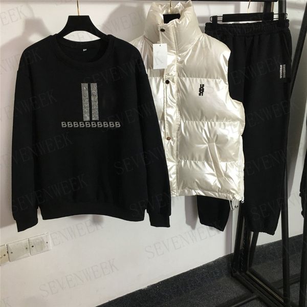 

womens tracksuits 3pcs sets down vest coat hooded hoodie sweatpants sportswear with rhinestones letter, Gray