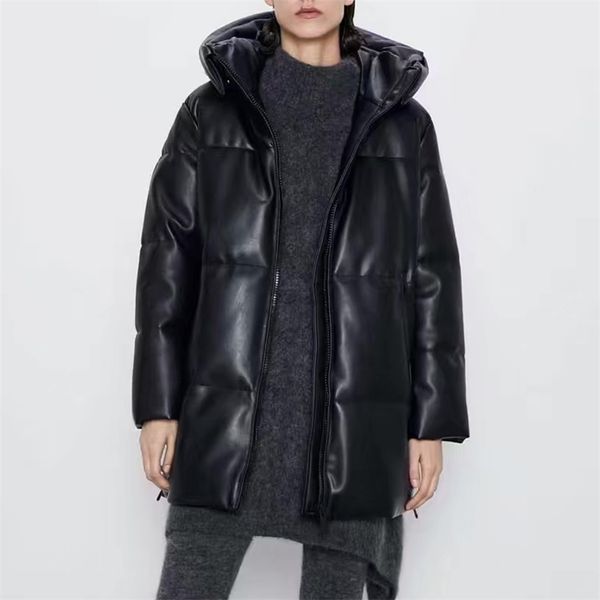 

women's down parkas rr winter parkas women fashion autumn hooded long coats women elegant zipper pu leather loose cotton jackets female, Black