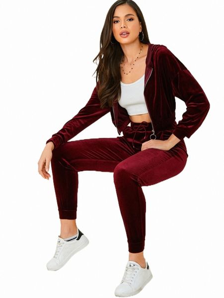 

two piece dress velvet o-ring zip up jacket and joggers set 08l7#, White
