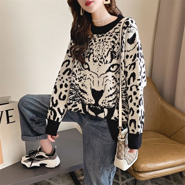 

women s sweaters women leopard round neck pullover long sleeved frilly loose casual lazy tiger head female spring 220908, White;black