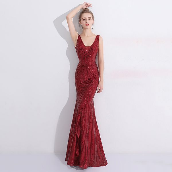 

red sequins prom dresses sleeveless mermaid plunging v neck evening party gowns, Black