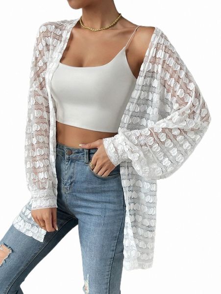 

women's down & parkas drop shoulder open front sheer lace coat t8na#, Black