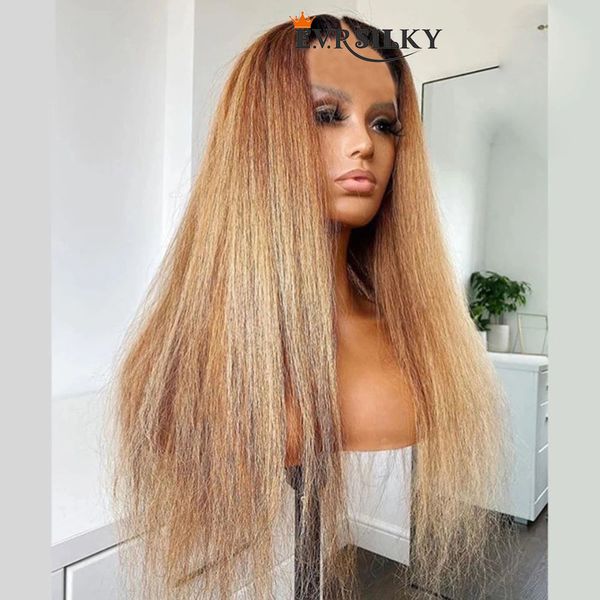 

ombre honey blonde kinky straight v part wigs unprocessed 100% human hair glueless yaki straight u shape wig full end none lace, Black