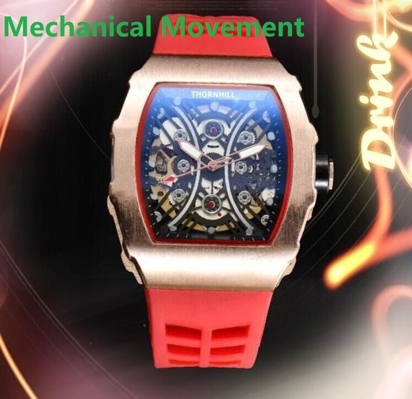 

premium skeleton dial men watches 43mm vintage retro automatic mechanical movement iced out rubber belt exquisite goods sports dweller wrist, Slivery;brown