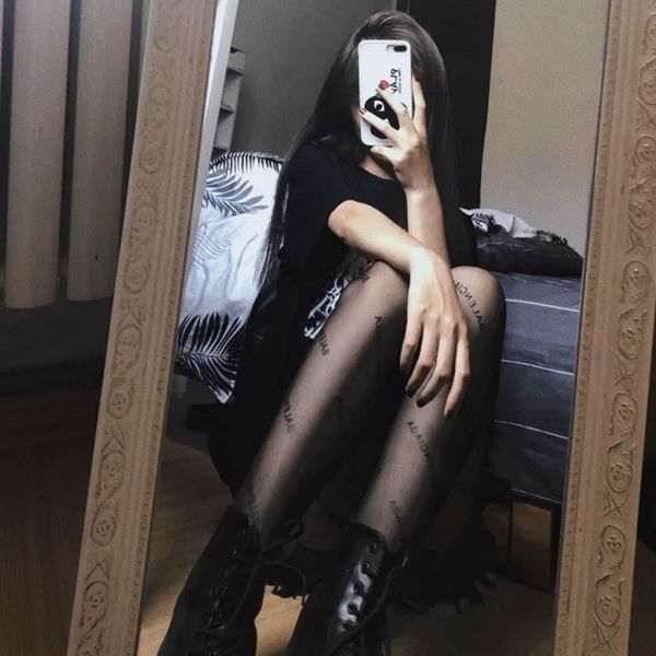 

sports socks women's autumn winter lace leggings letter silk black pantyhose