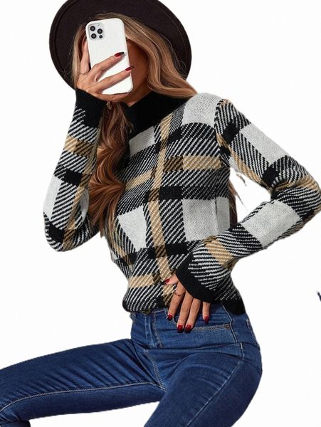 

women's sweaters plaid pattern turtleneck sweater m01u#, White;black