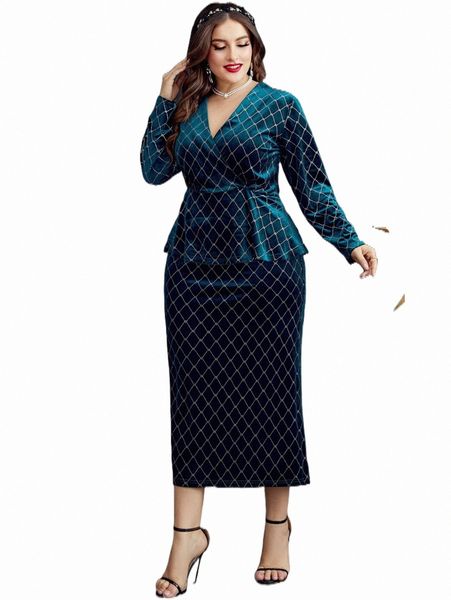 

plus size dresses plus geo print peplum velvet & skirt d7o5#, Black