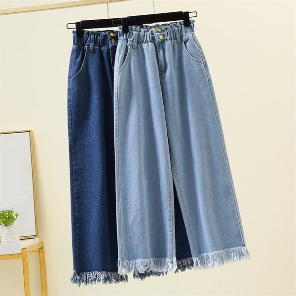 

women s jeans s 5xl straight for women spring autumn tassels blue loose denim trousers elastic waist wide leg pants 220907