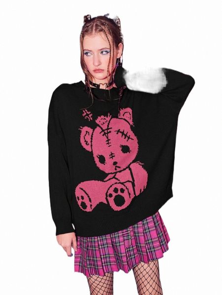 

women's sweaters romwe anime bear pattern drop shoulder sweater x2ht#, White;black