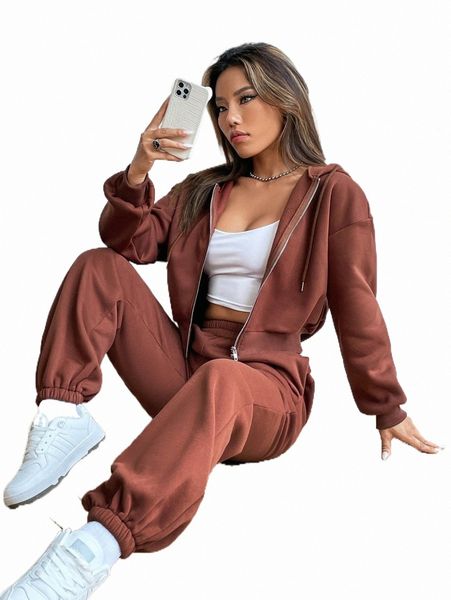 

two piece dress zip up drop shoulder drawstring hoodie & sweatpants l5vv#, White