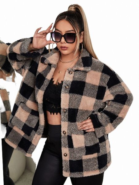 

plus size outerwear & coats plus buffalo plaid print drop shoulder teddy coat g7ad#, Black