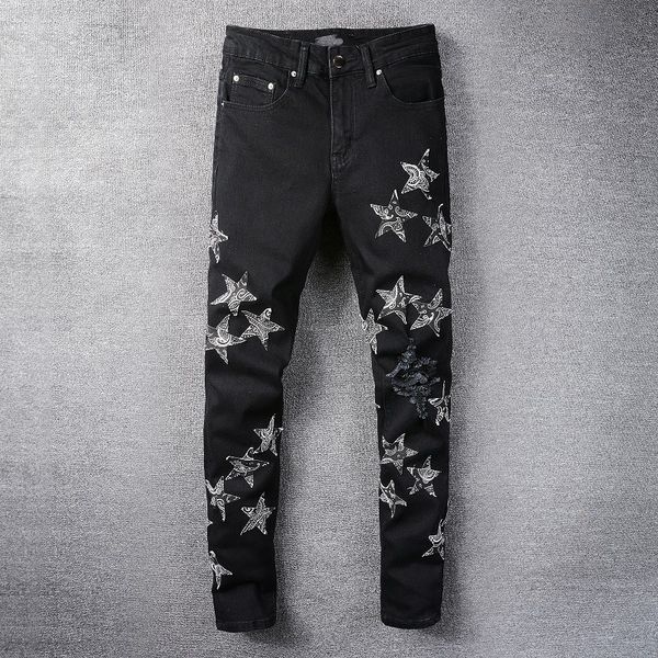 

men's jeans patch stars ripped black skinny jeans stretch slim pants, Blue