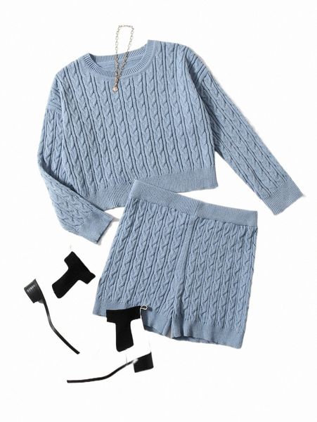 

plus size t-shirt plus round neck sweater & cable knit shorts l22c#, Black