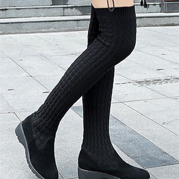 

boots women flats platform chelsea over the knee high boots winter fashion stretch high boots casual shoes ladies snow botas 220908, Black