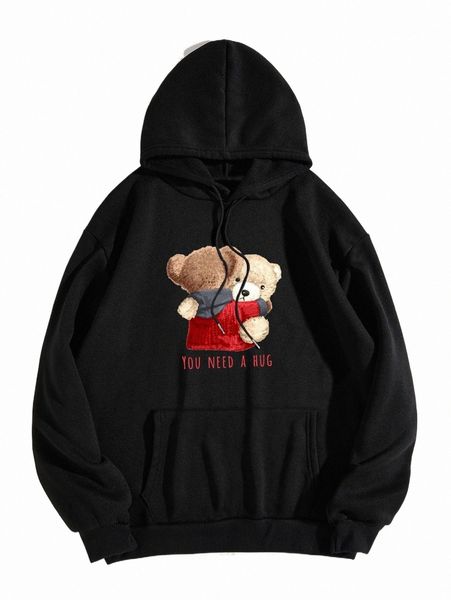 

women's hoodies & sweatshirts bear & slogan graphic kangaroo pocket drawstring hoodie k0ae#, Black