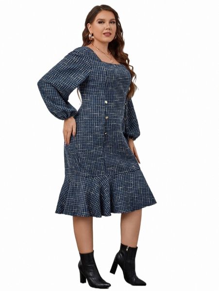 

plus size dresses plus plaid pattern lantern sleeve fake button mermaid hem tweed dress r5rh#, Black