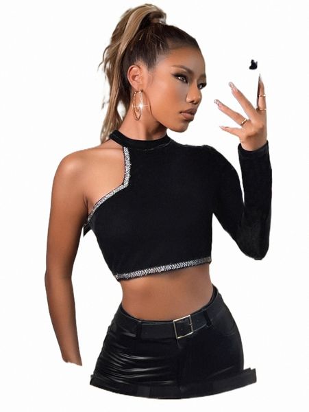 

women's t-shirt asymmetrical neck contrast tape crop velvet tee t6dz#, White