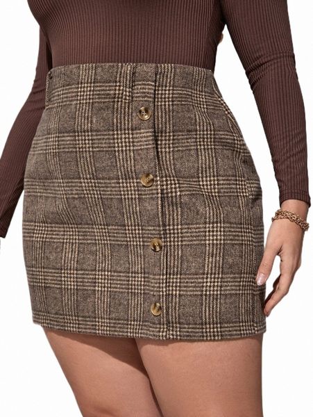 

plus size pants plus glen plaid fake button wool-mix skirt i16x#, Black