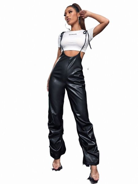 

women's jumpsuits & rompers 1pc tie shoulder ruched pu overall jumpsuit 46qv#, Black;white