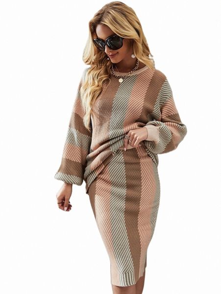 

women's sweaters striped pattern sweater & knit skirt d7au#, White;black