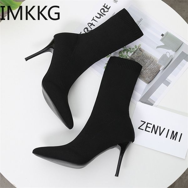 

boots sock knitting stretch high heels for women fashion shoes spring autumn ankle female size 42 220908, Black