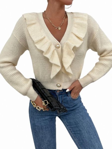 

women's sweaters ruffle trim button front cardigan y14w#, White;black