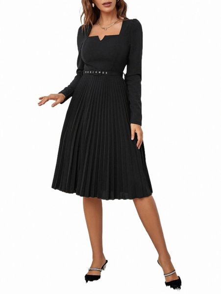 

casual dresses sweetheart neck pleated hem belted dress 51i6#, Black;gray