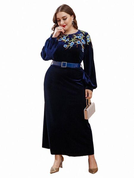 

plus size dresses plus floral embroidery belted dress a18f#, Black