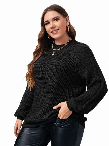 

plus size t-shirt plus cable knit raglan sleeve sweater a3rd#, Black