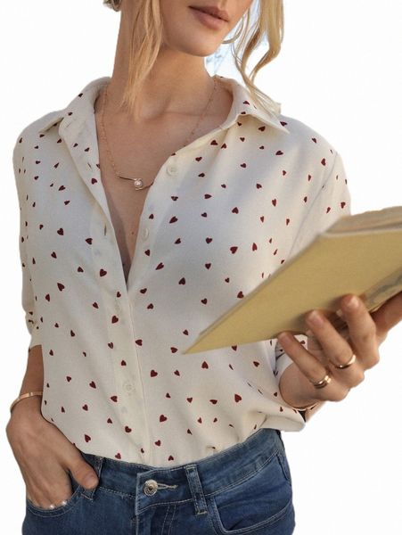 

women's blouses & shirts frenchy heart print button front shirt t8pg#, White