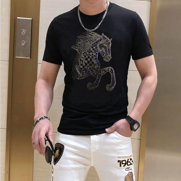 

t shirt manga corta hombre rhinestones round neck short sleeve t-shirt men designer outfits men, White;black