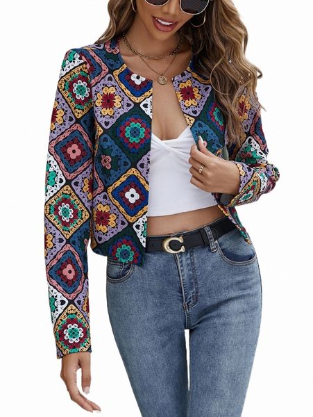 

women's jackets geo and floral print open front crop jacket e359#, Black;brown