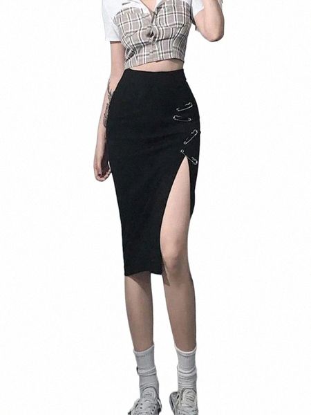 

skirts skirts summer street girls high waist skirt women's side slits show thin solid color midi commuter temperamentskirts t9rh#, Black
