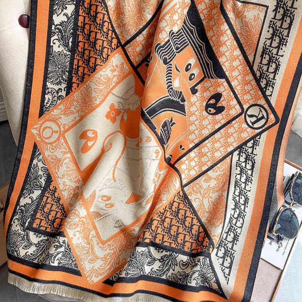 

design imitation cashmere scarf women's autumn and warm air conditioning shawl short beard tassel geometric jacquard decoration thicken, Blue;gray