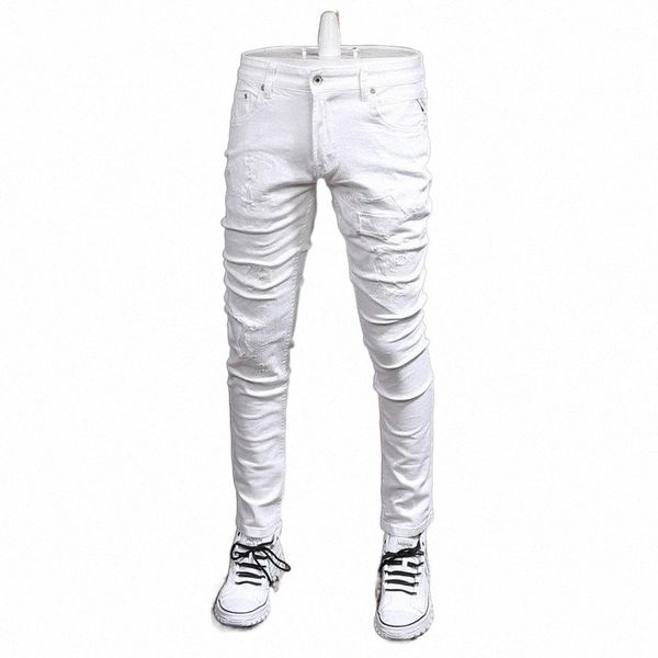 

men's jeans men's jeans ly designer fashion men white color elastic slim fit ripped denim pants homme korean style hip hop casual, Blue