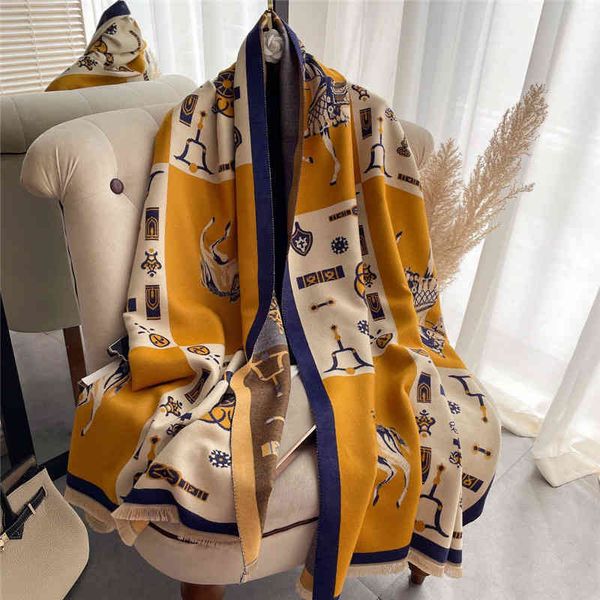 

design 2021 new style imitation cashmere autumn middle and long temperament scarf women, Blue;gray