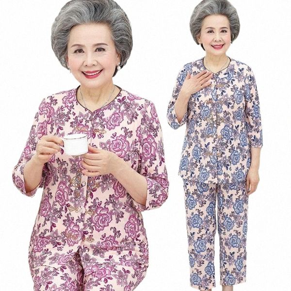 

women's tracksuits middle-aged and elderly women's sets spring summer printing t-shirt & pants 2 pcs suit home service granny clot, Gray