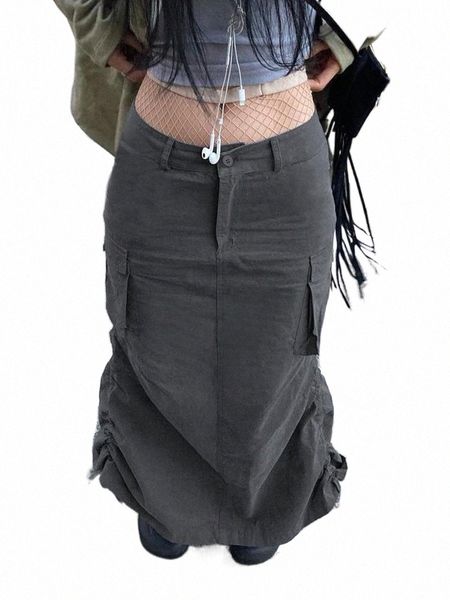 

skirts skirts fairycore grunge women maxi solid shirring pockets harajuku punk clothes fashion aesthetic chic gray skirtsskirts h9py#, Black