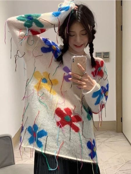 

women s sweaters deeptown y2k korean style knitted sweater women harajuku sweet floral print jumper tassel loose casual pullover streetwear, White;black