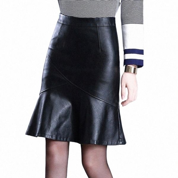 

skirts skirts women black pu leather trumpet skirt autumn winter office lady elegant chic high waist knee length bodycon skirtsskirts n2t9#