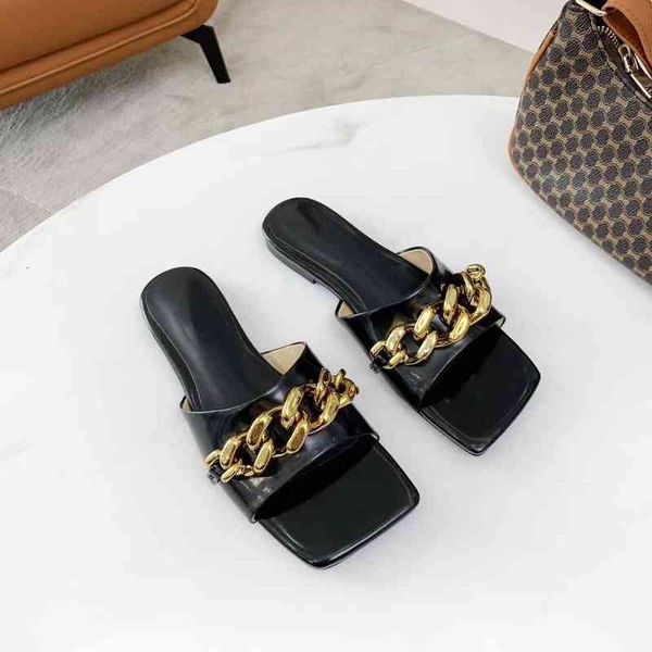 

slippers descor women slides summer mules metal chains flat heel square open toe slip-on lazyman patent leather, Black