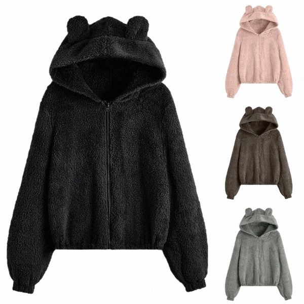 

women's fur & faux fur women's fur & faux hoodies casual fashion solid color cute plush zippe loose long sleeves hoodie jacket wom, Black