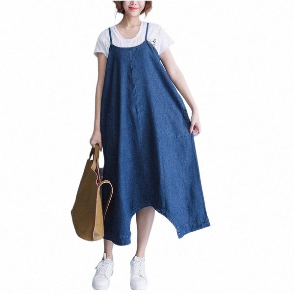 

casual dresses johnature new denim dresses loose sleeveless casual simple spaghetti strap pockets button 2019 summer large size jeans dresse, Black;gray