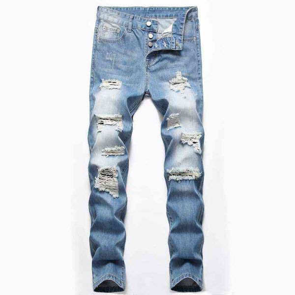 

men's jeans nostalgic personality hole button jeans men's straight pants, Blue